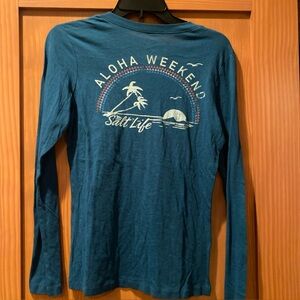 Salt Life Women’s Dark Teal Aloha Weekend V-Neck L /S Fitted  T-Shirt NWT  S